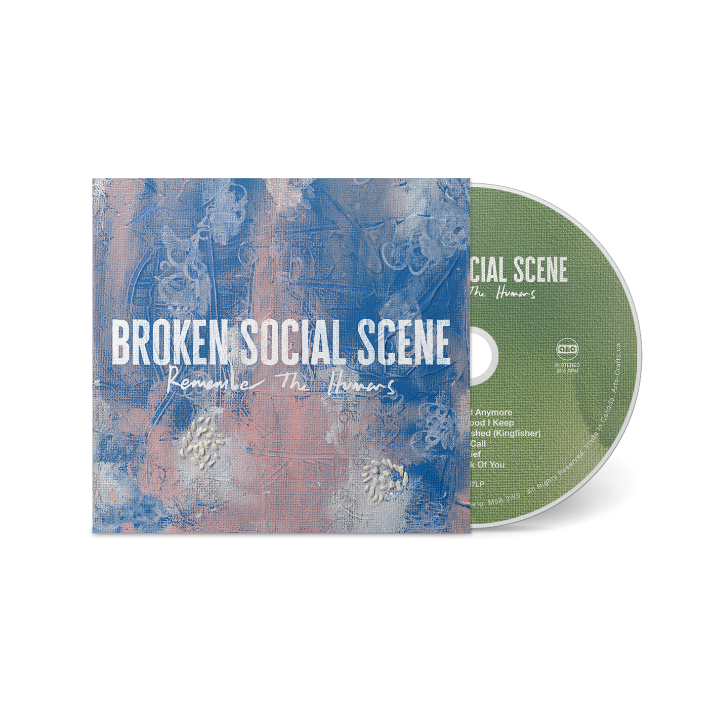 CD and cover of 'Broken Social Scene' Remember the Humans album on a semi-transparent background