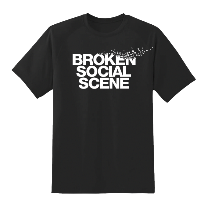 Black t-shirt with 'Broken Social Scene' text in white.